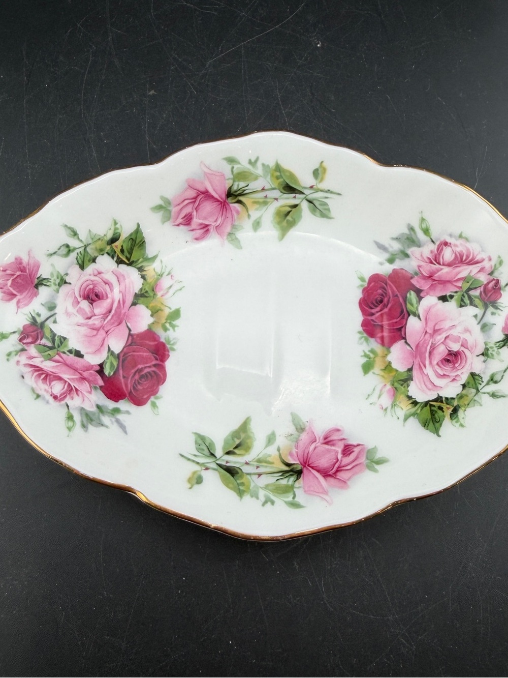 Vintage Crown Staffordshire England Fine Bone China Rose Flower Bath Soap Dish